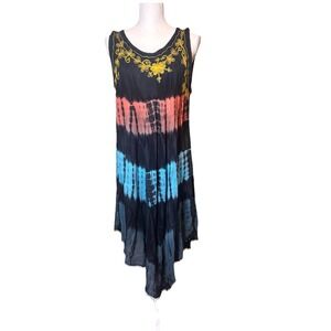 True Rock Dress Womens Free Size Boho Tie Dye Embroidered Black Midi